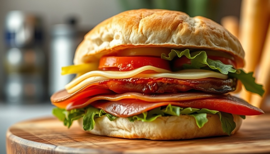Close-up of an Italian grinder slider with layers of meats and vegetables.