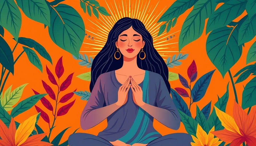 Stylized woman meditating amid vibrant foliage, healthy aging theme.