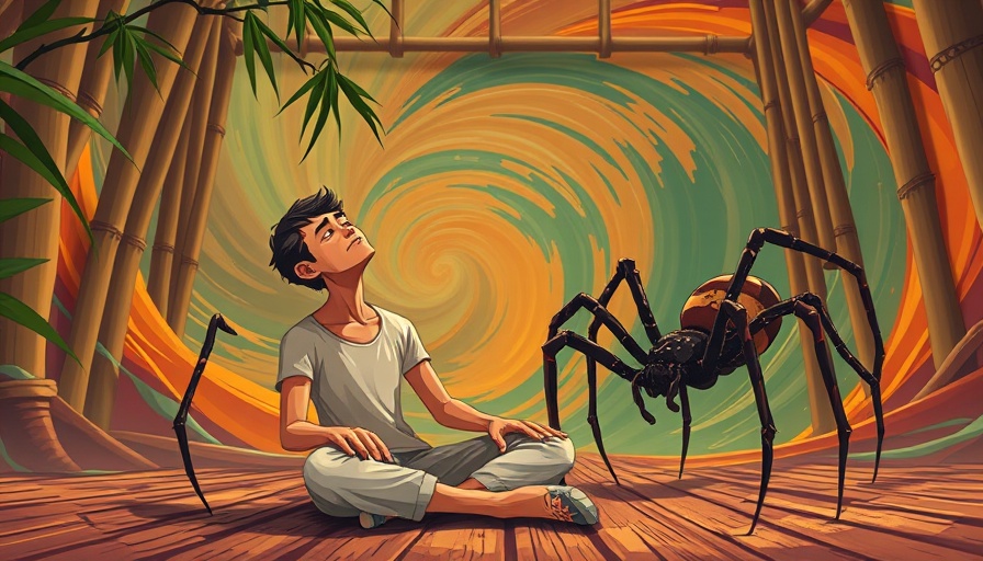 Artistic depiction of a man coexisting with fear near a spider.