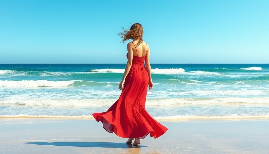 Sober summer scene with woman in red dress by the ocean.