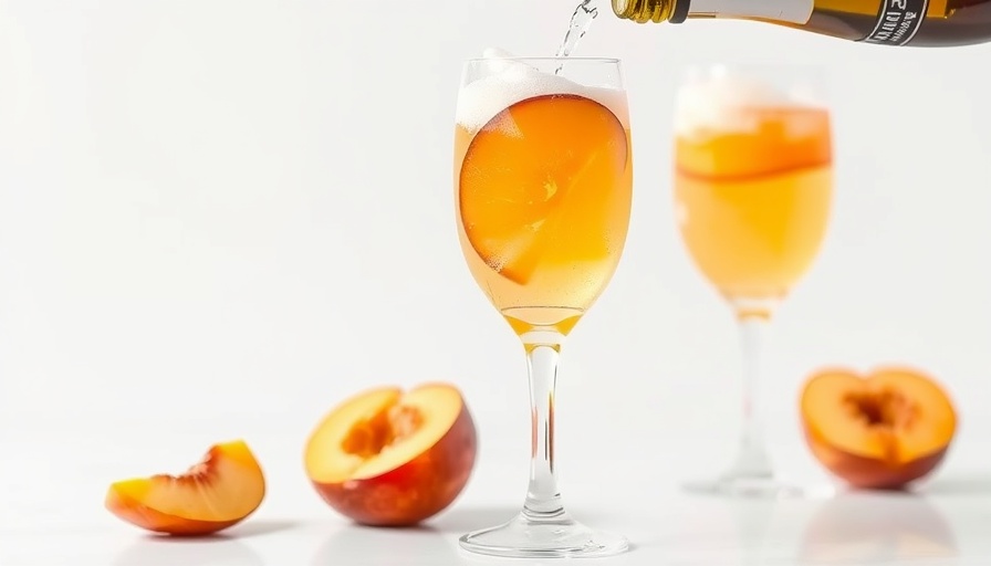 Refreshing Frozen Peach Bellini with fresh sliced peaches in elegant glass.