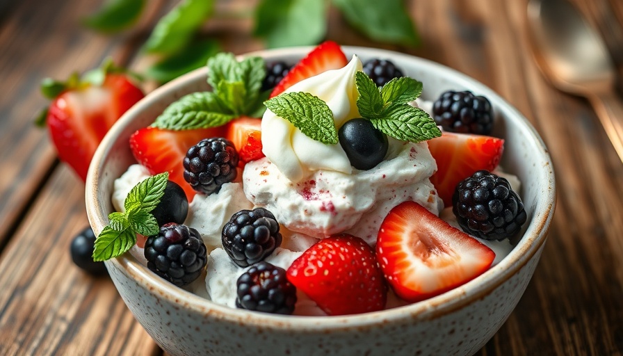 Healthy cottage cheese dessert with berries and whipped cream.