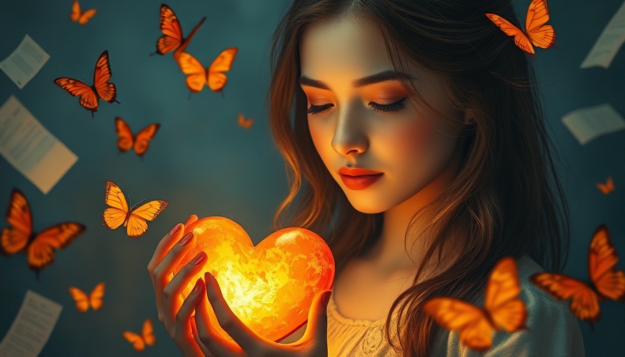 Serene woman embracing self-worth with glowing heart and butterflies.