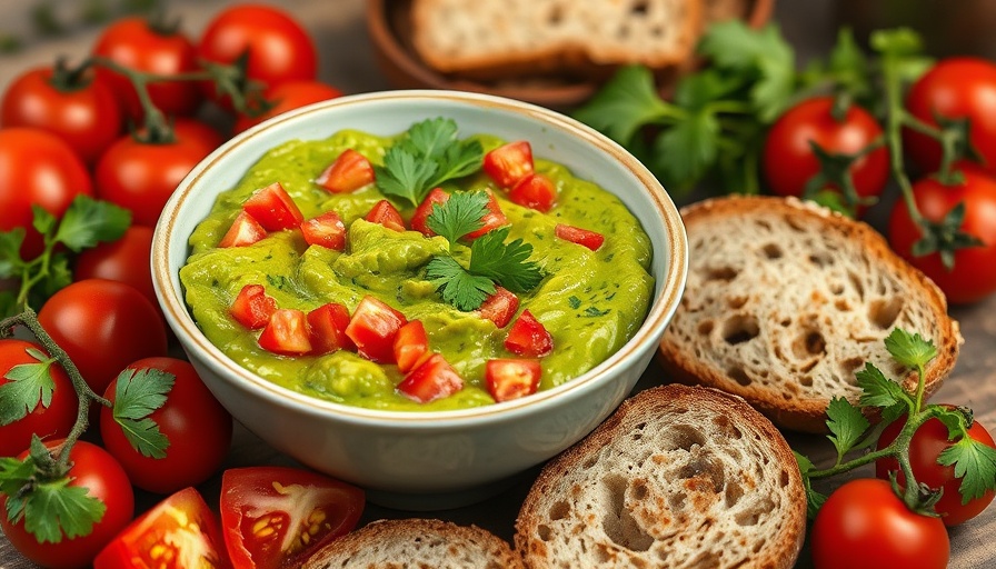 Vibrant bowl of guacamole with bread and tomatoes - quick protein recipes.