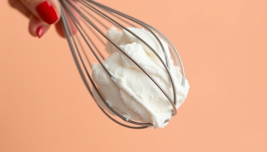 Hand holding a whisk with creamy maple marshmallow fluff.