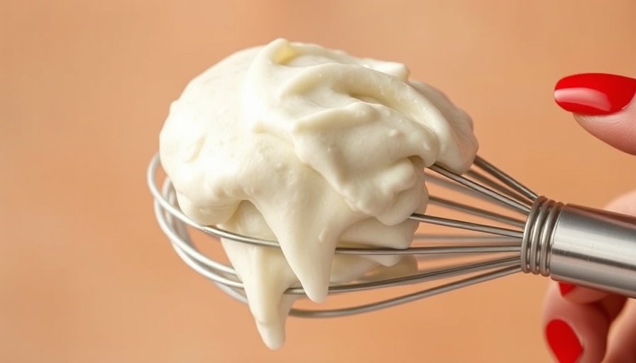 Metal whisk with creamy maple marshmallow fluff for recipes.