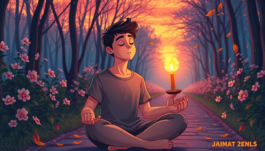 Serene young man meditating at sunset with candle and flowers.