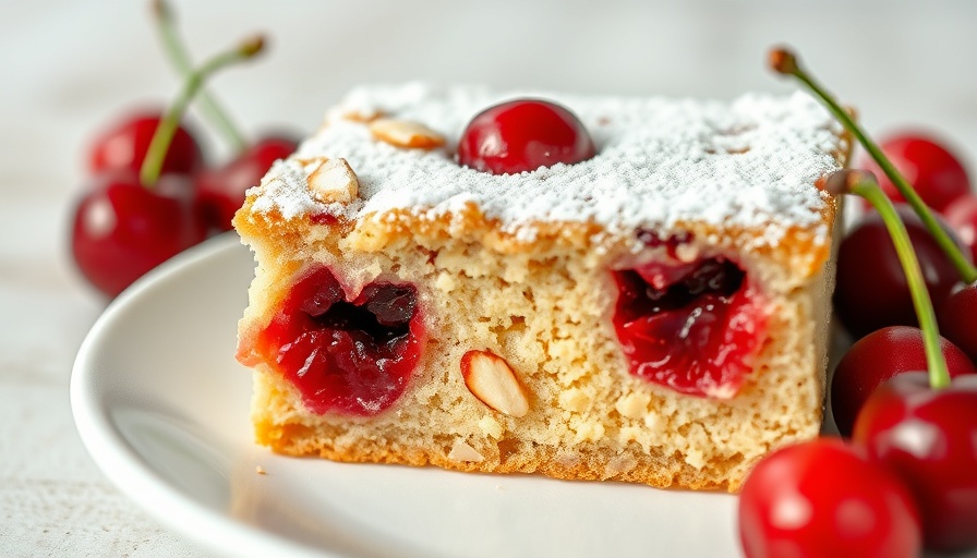 Healthy cherry almond slice dusted with sugar on plate.