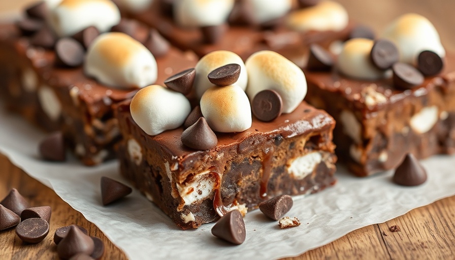 Close-up of healthy dessert bars with chocolate and marshmallows.