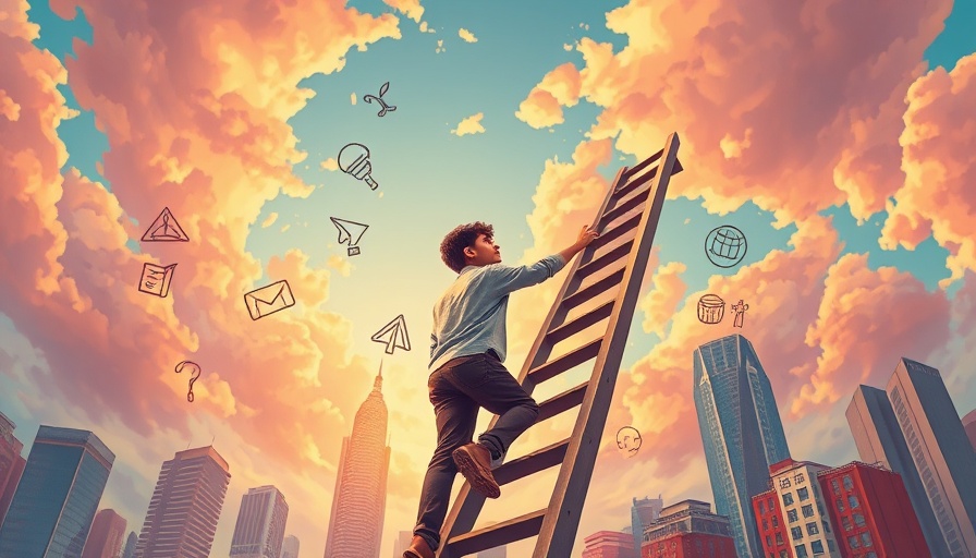 Young man climbing ladder representing personal growth journey, vivid colors.