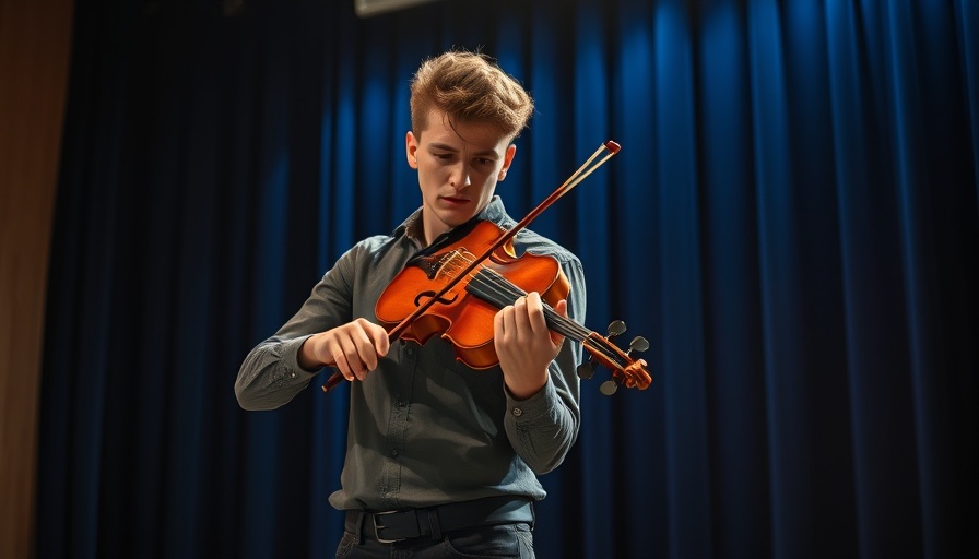 Young musician overcoming creative anxiety with violin on stage.