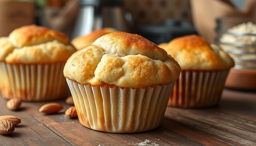 Golden brown fluffy almond flour muffins on wooden table.