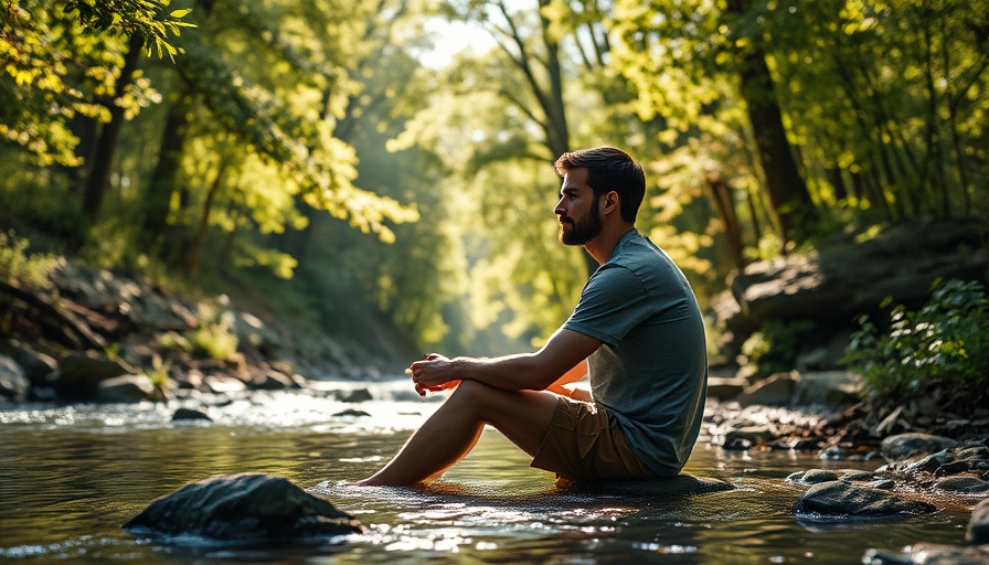 Contemplative man embracing divine flow in serene forest setting.