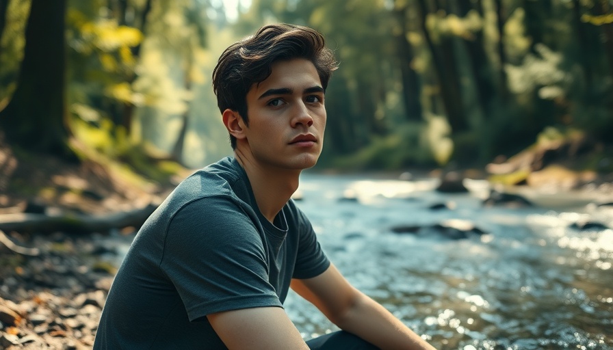 Serene man by forest stream, stop forcing life flows