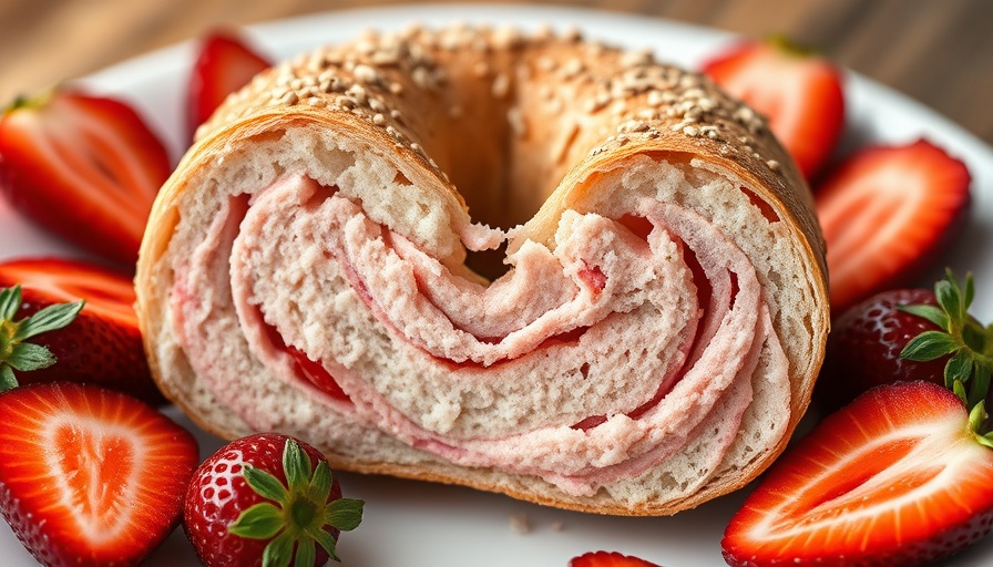 Healthy strawberry bagel slice with fresh strawberries on a plate.