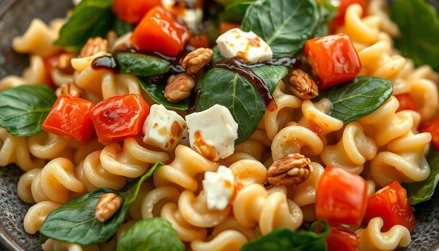 Creamy Cottage Cheese Pasta Salad with pine nuts and balsamic.