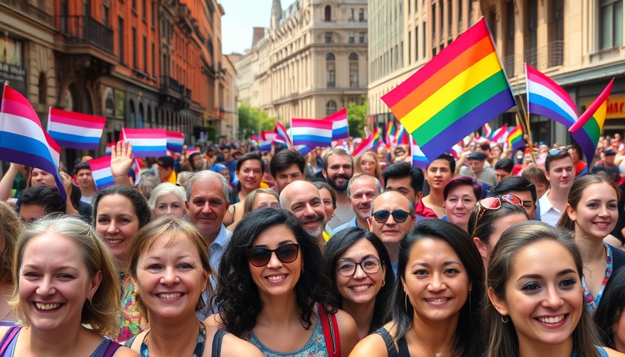 Vibrant crowd at Trans Pride with flags, university support.