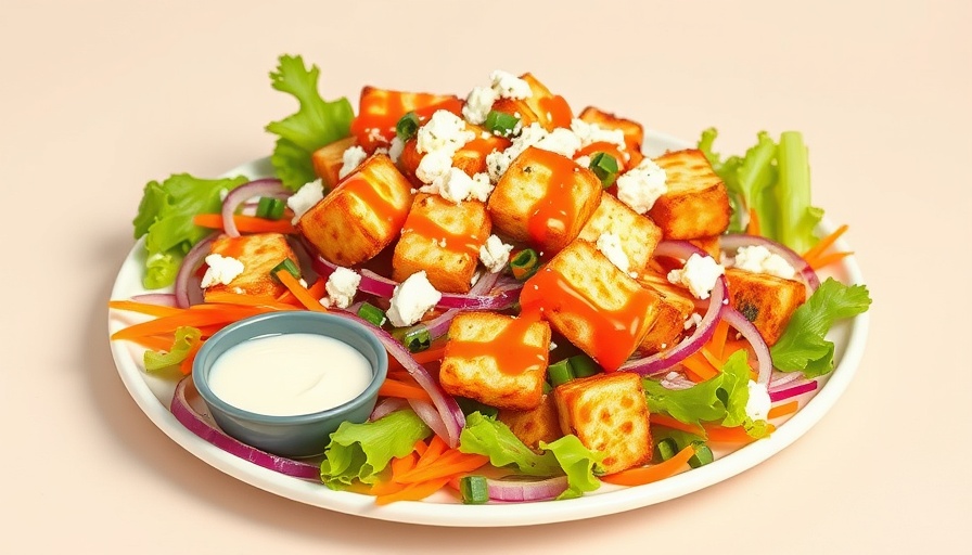 Crispy Buffalo Halloumi Salad with veggies and dressing in a bowl
