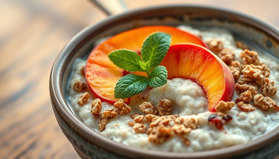 Peach Cobbler Oatmeal in a rustic bowl, topped with peaches and mint.