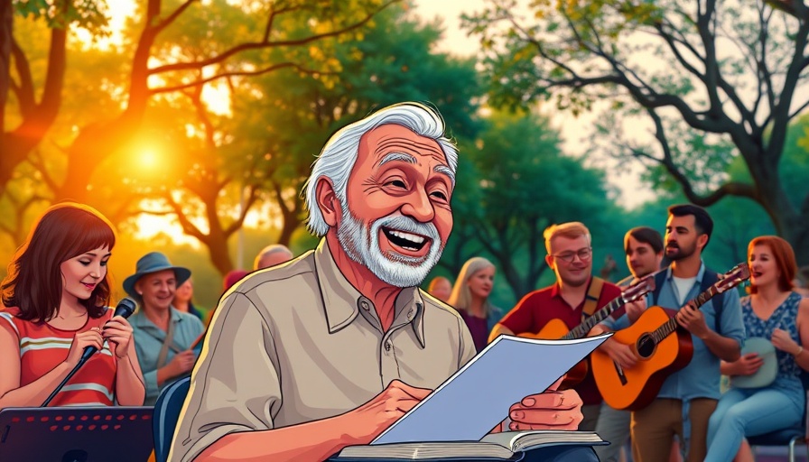 Colorful scene of an elderly man writing in a park.