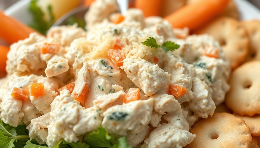 Chicken Caesar Salad Spread with carrots and crackers in a bowl.