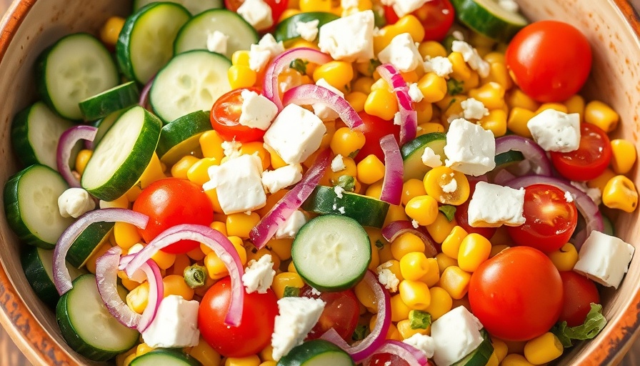 Bright vegetable salad with corn, cucumbers, and feta, a quick healthy meal.