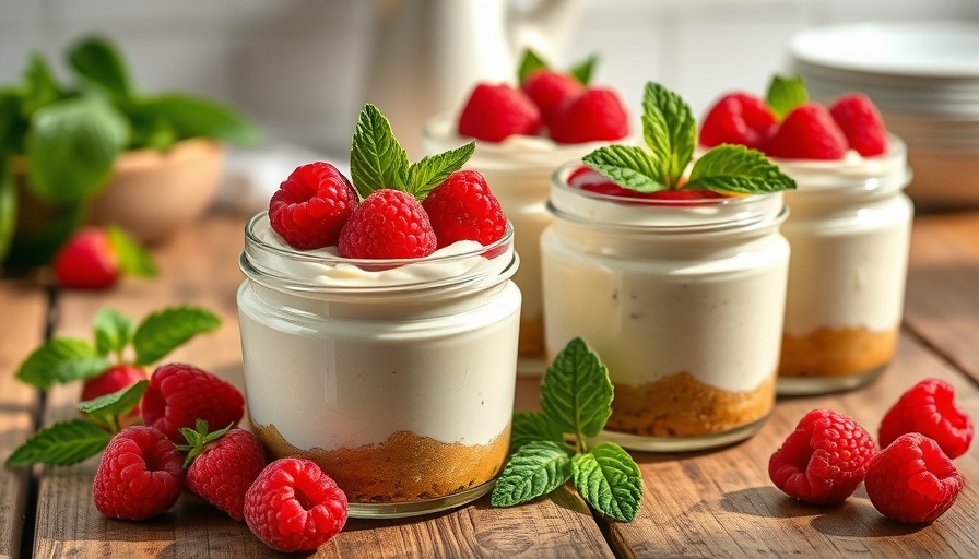 High protein cheesecake jars topped with raspberries and mint