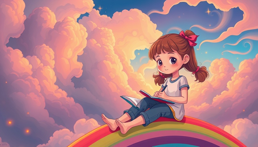 Whimsical scene of a girl writing on a rainbow. Transform Your Self-Perception.