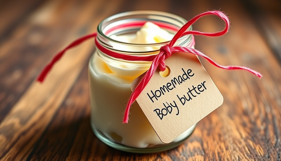 DIY whipped body butter recipe in a glass jar with ribbon.