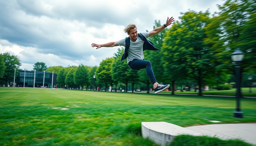 Man practicing parkour skill training for fitness in a grassy park.