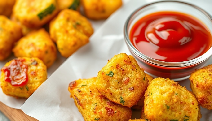 Golden air fryer zucchini tots with ketchup dip.