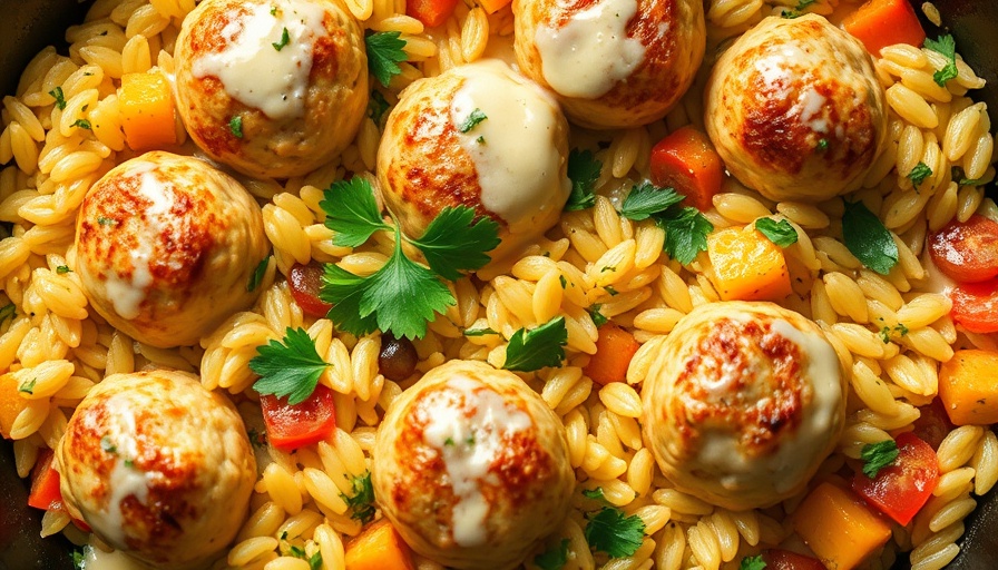 Delicious Summer Squash Orzo Skillet with chicken meatballs.