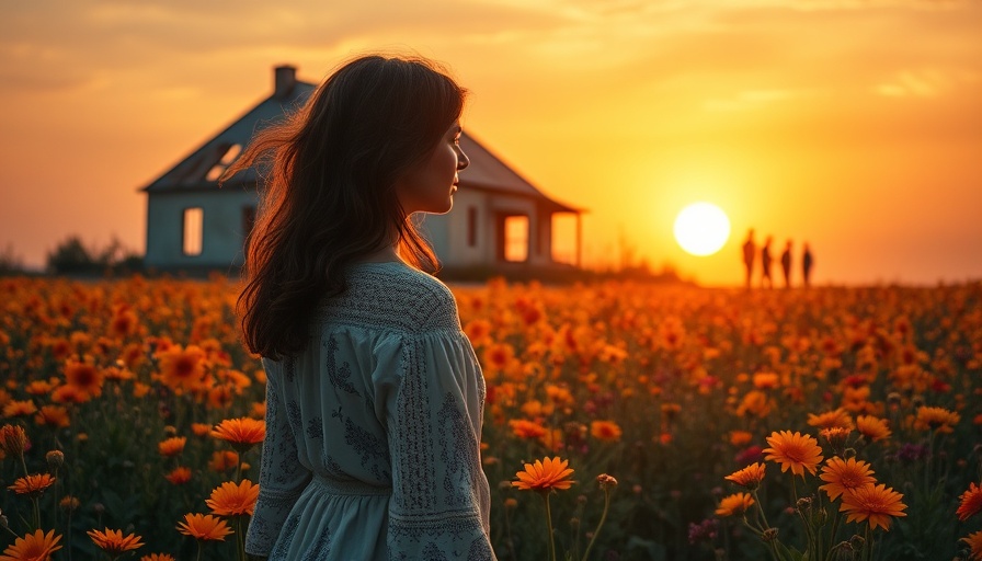 Breaking Free from a Narcissistic Family System: Woman in flower field with collapsing house.