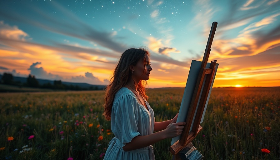 Therapeutic art scene depicting a woman painting in nature.