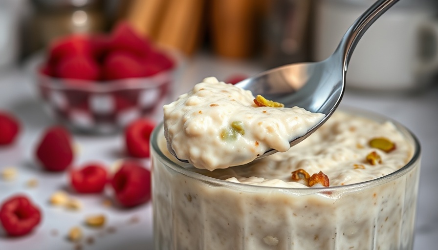 Creamy blended pistachio overnight oats being scooped.