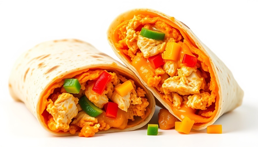 Buffalo chicken burritos high protein close-up, colorful ingredients.