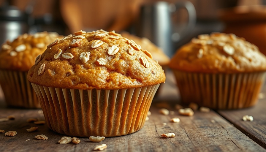Milk-free oat muffins with nuts on rustic table.