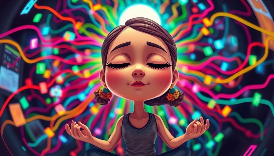 Calm cartoon woman amidst digital chaos practicing mindfulness break bad habits