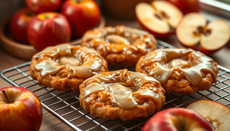 Air Fryer Apple Fritters with glaze on cooling rack surrounded by apples.