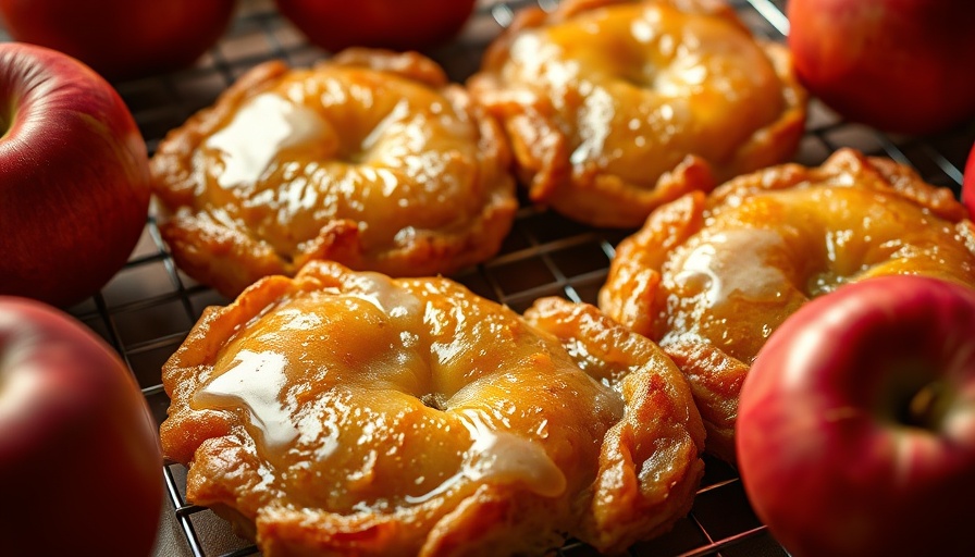 Freshly baked apple fritters with glaze surrounded by apples showing a healthy apple fritter recipe.