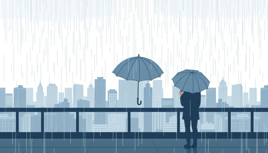 Hands holding umbrellas shielding from rain, cartoon cityscape.
