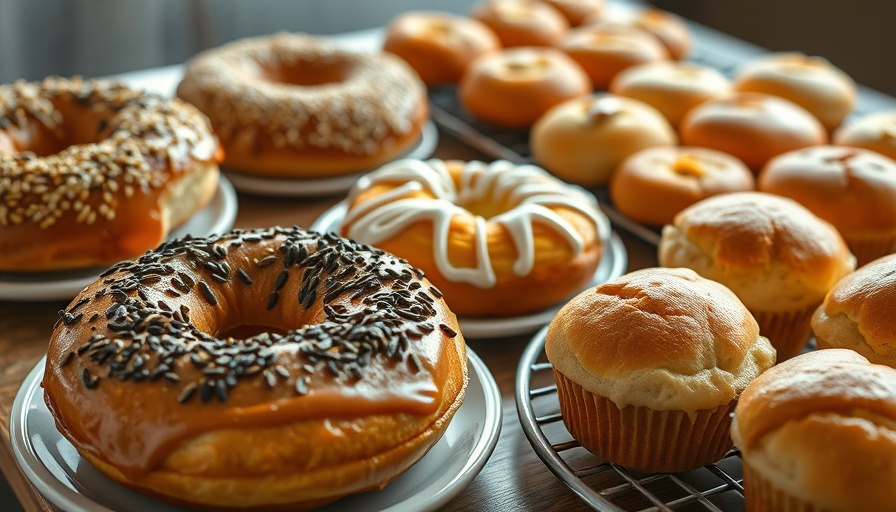 Assortment of high-protein baked goods showcasing bagels, pastries, muffins, and rolls.