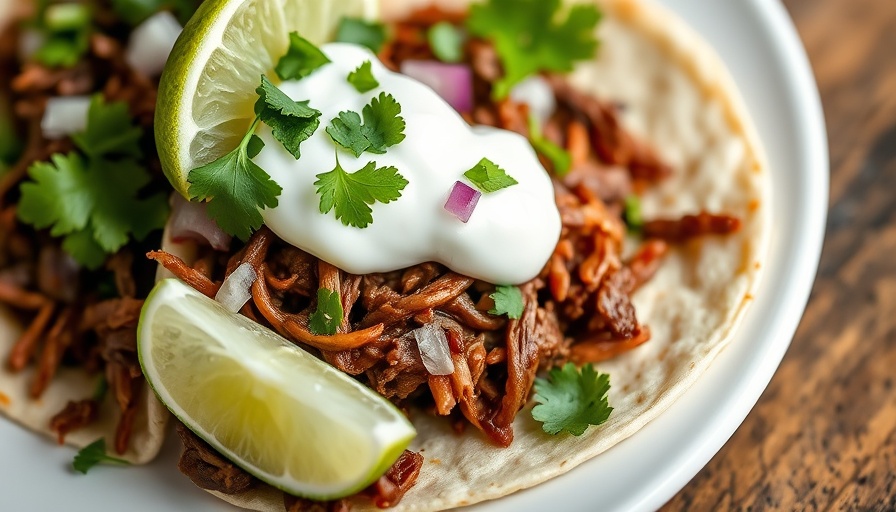 Healthy chuck roast taco with cilantro and sour cream.