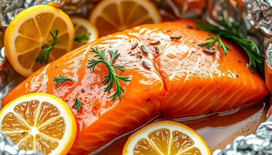 Fresh salmon with lemon dill marinade on foil.