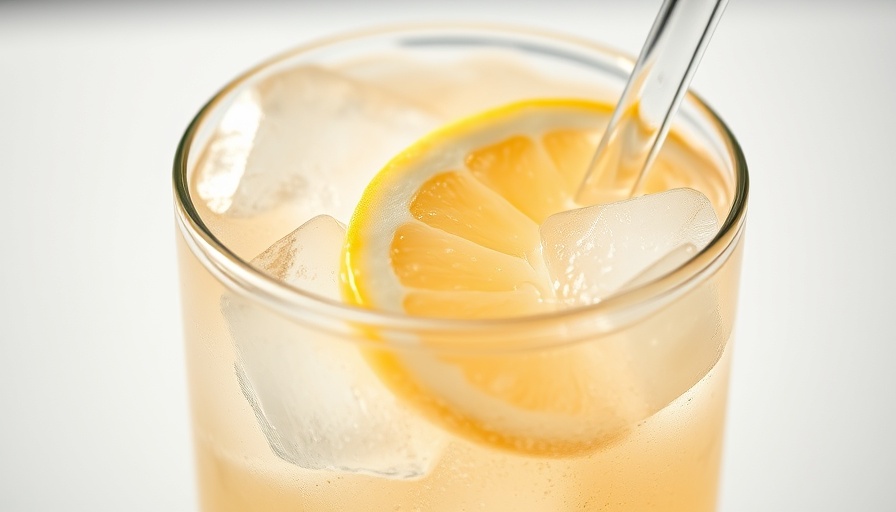 Boozy Blended Arnold Palmer with ice and lemon slice in a clear glass.