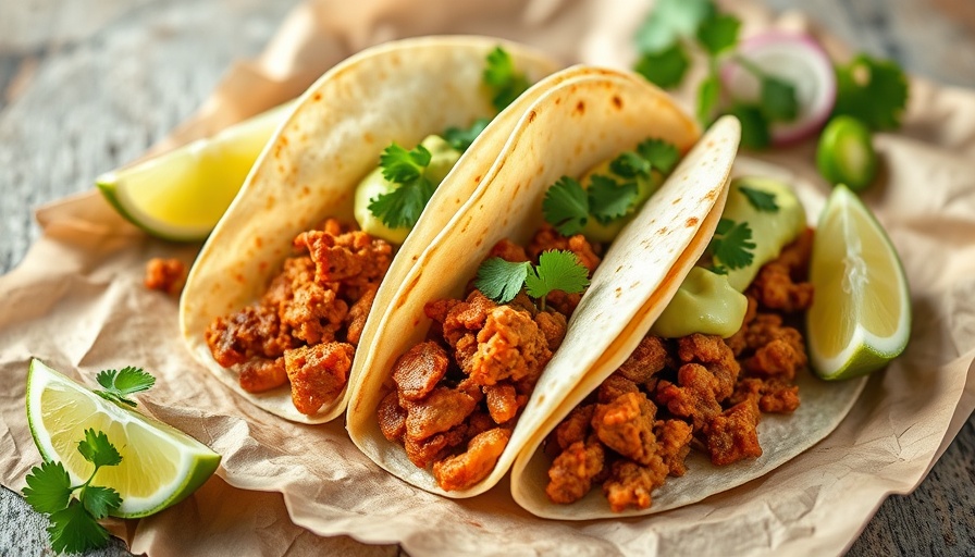 Sheet pan tacos with avocado sauce and lime wedges