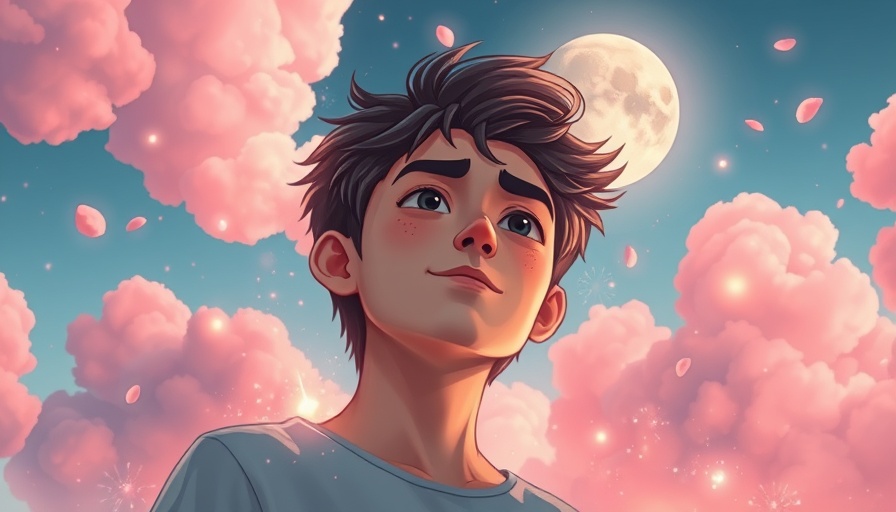 Dreamy young man releasing glowing particles into starry sky.