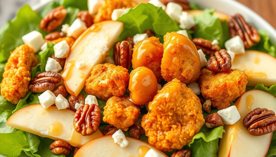 Colorful crispy chicken salad with maple mustard dressing.