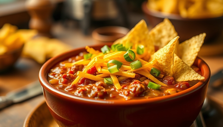 Best beef chili recipe with toppings of cheese and chips.