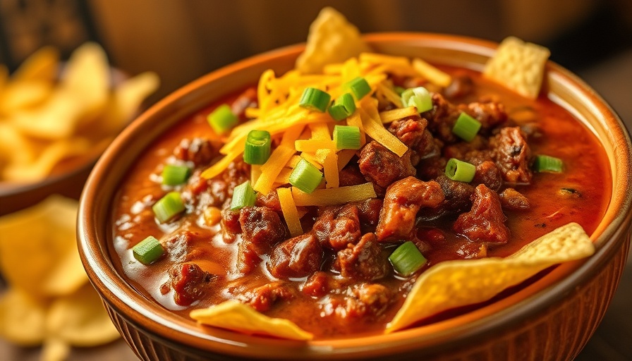 Delicious best beef chili bowl topped with cheese and chips.